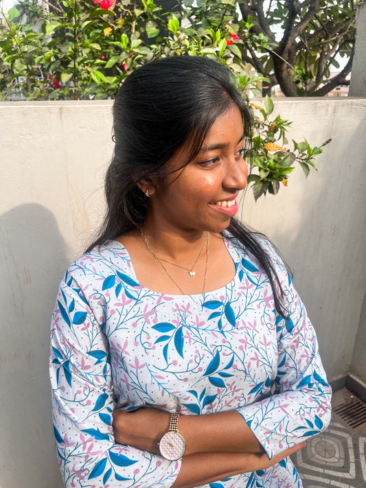 CD018 – Elegant Blue Floral Cambric Cotton Kurti