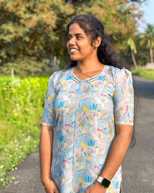 CD004 – Aqua Bloom Cambric Cotton Kurti