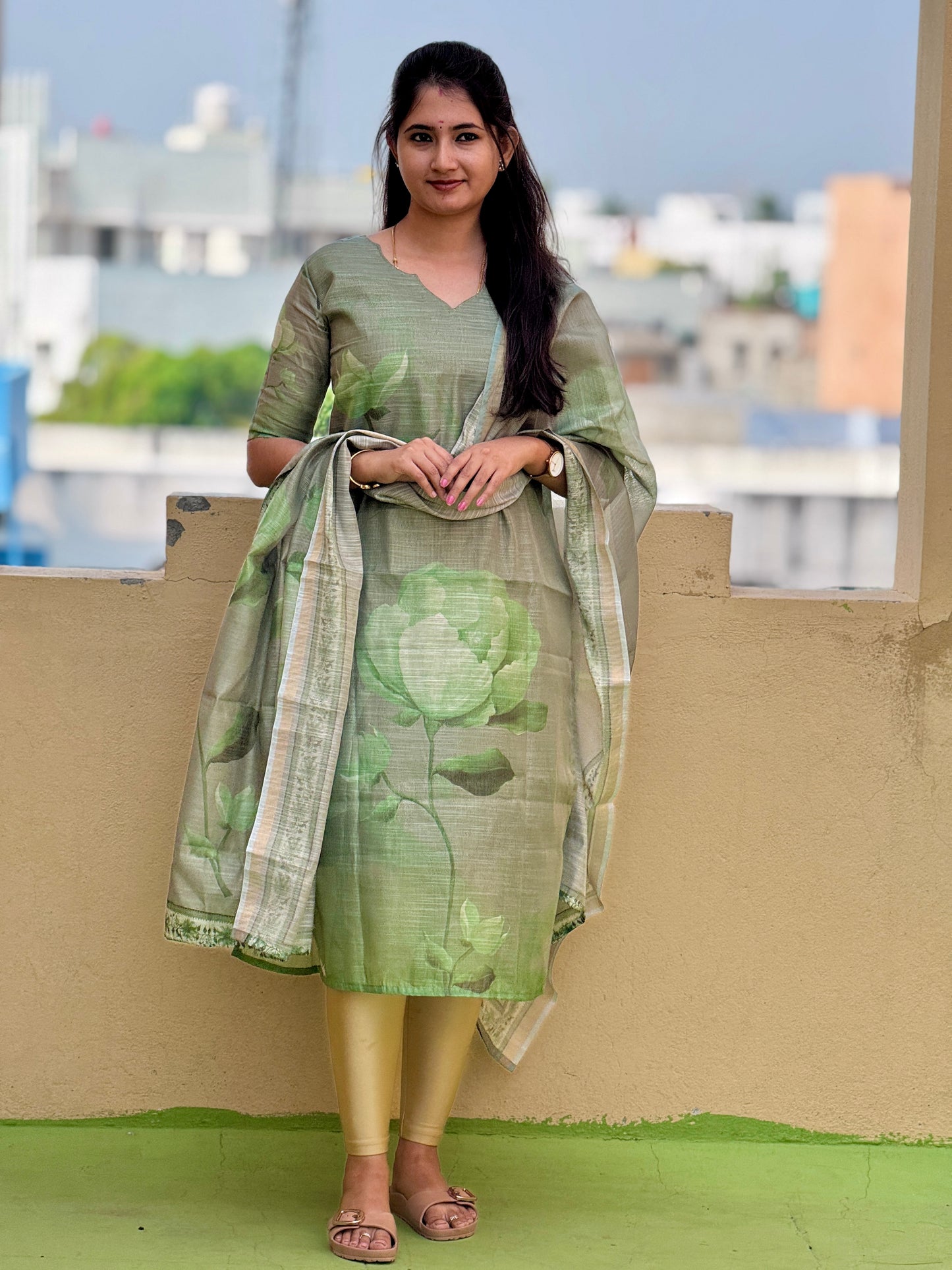 CD2P12 โ Sage Bloom Kota Tissue Kurti Set