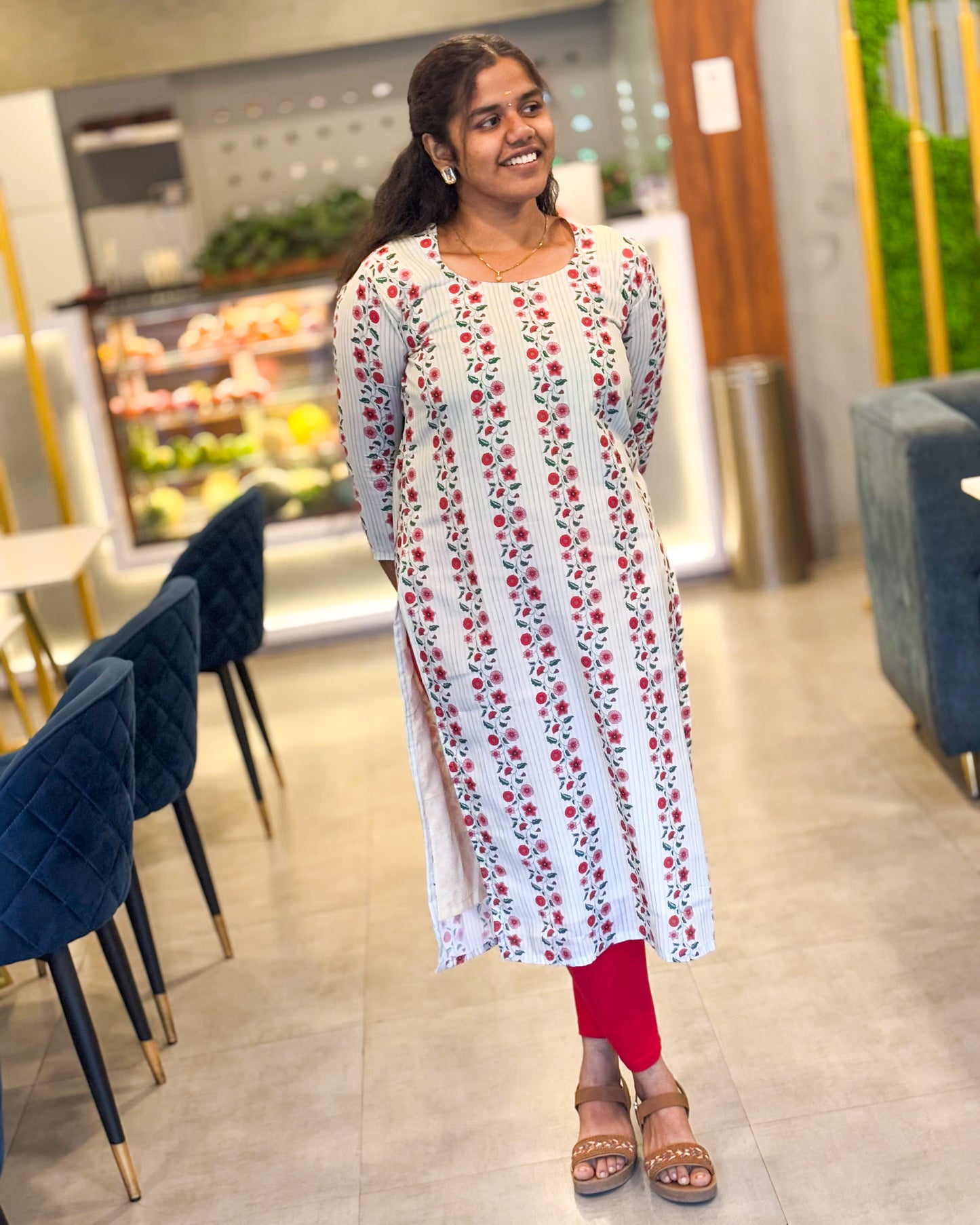 CD009 β Elegant Floral Stripe Cambric Cotton Kurti