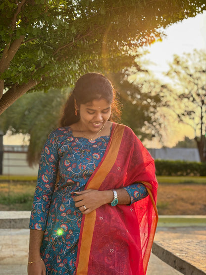 CD024 – Elegant Blue Floral Pure Cotton Kurti