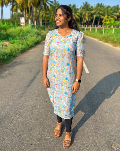 CD004 – Aqua Bloom Cambric Cotton Kurti