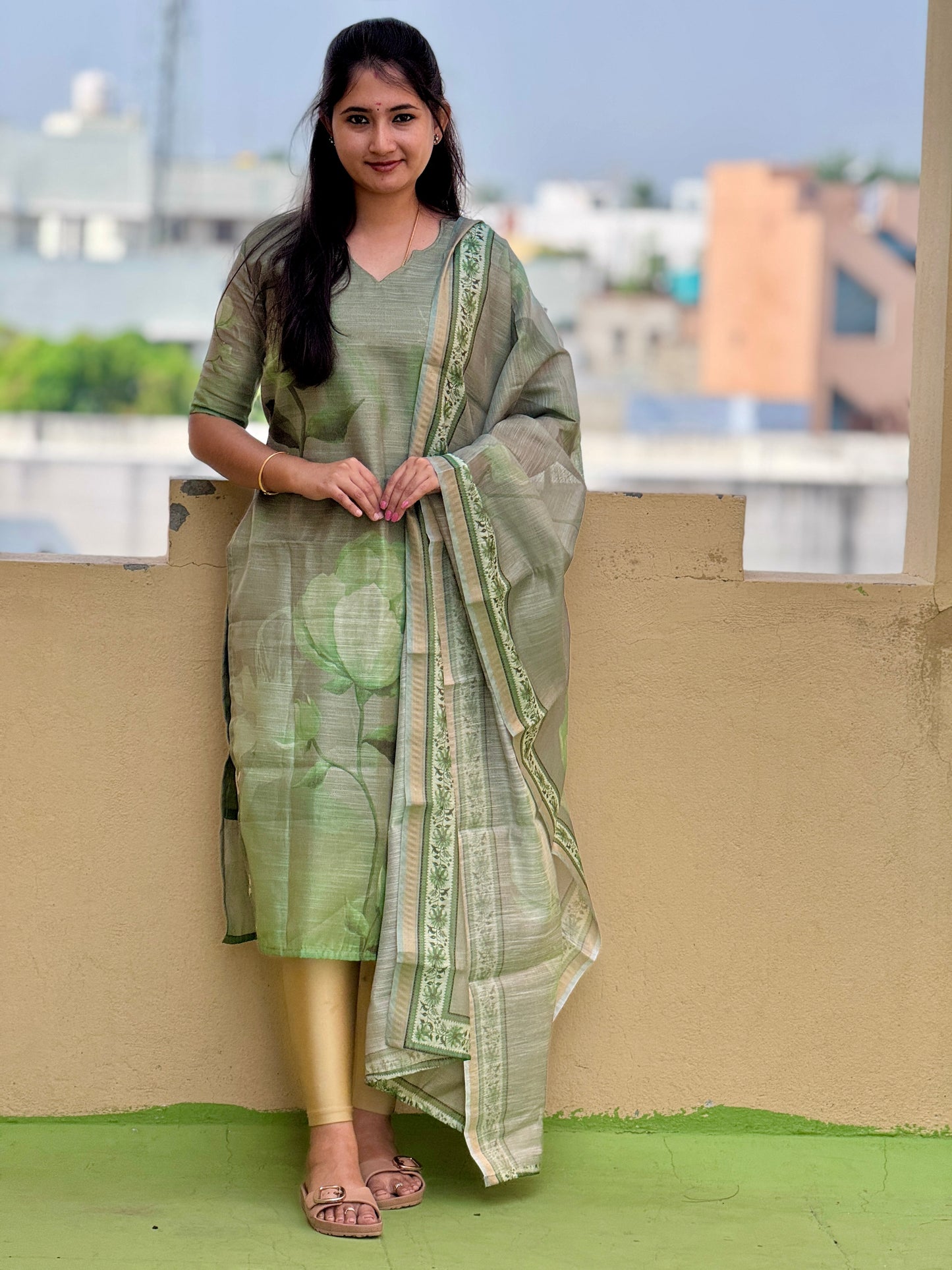 CD2P12 – Sage Bloom Kota Tissue Kurti Set