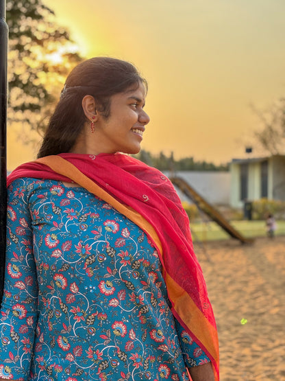 CD024 – Elegant Blue Floral Pure Cotton Kurti