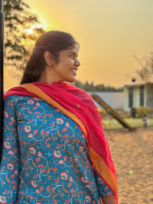 CD024 – Elegant Blue Floral Pure Cotton Kurti