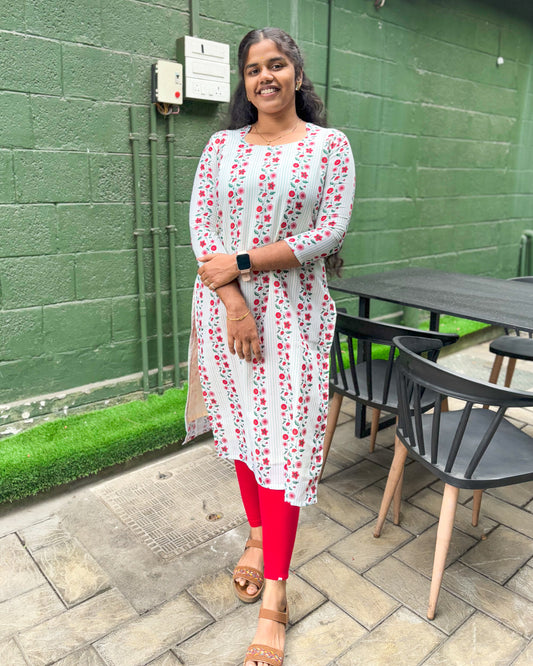 CD009 – Elegant Floral Stripe Cambric Cotton Kurti