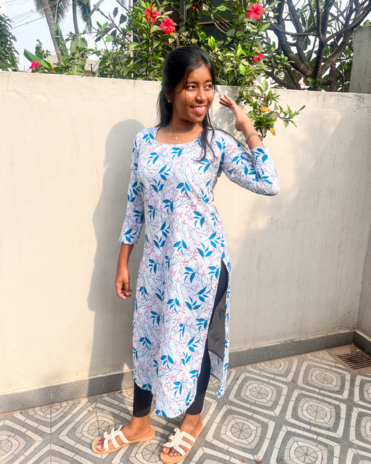CD018 – Elegant Blue Floral Cambric Cotton Kurti
