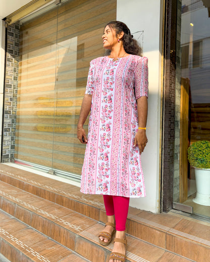 CD015 – Elegant Floral Stripe Cambric Cotton Kurti