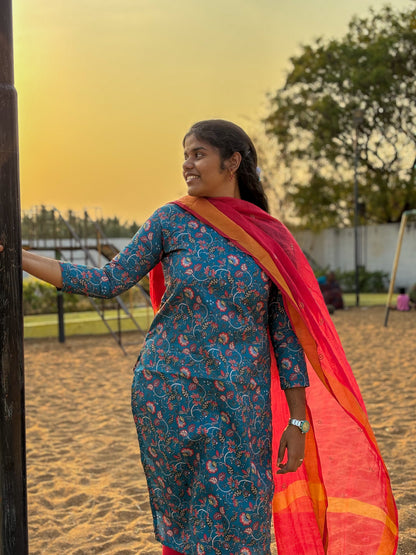 CD024 – Elegant Blue Floral Pure Cotton Kurti
