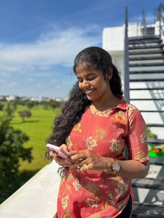 CD001 – Coral Bloom Tissue Silk Kurti