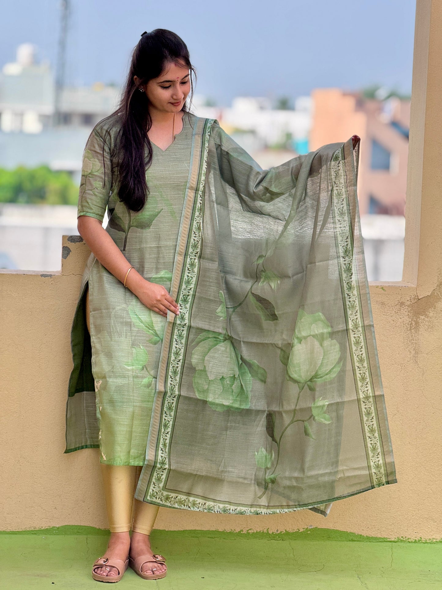 CD2P12 – Sage Bloom Kota Tissue Kurti Set