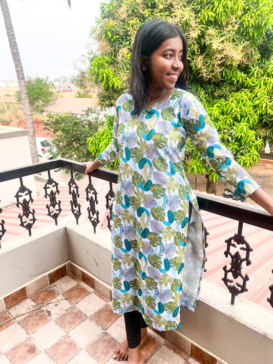 CD019 – Breezy Leaf Print Cambric Cotton Kurti